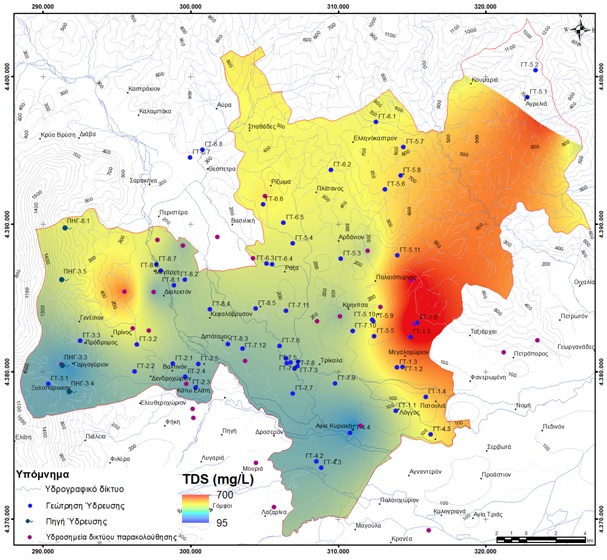 Χωρική κατανομή της Ολικής Σκληρότητας (T.H. σε mg/L CaCO3) με βάση το μέσο όρο υγρής – ξηρής περιόδου (2001 – 2021).